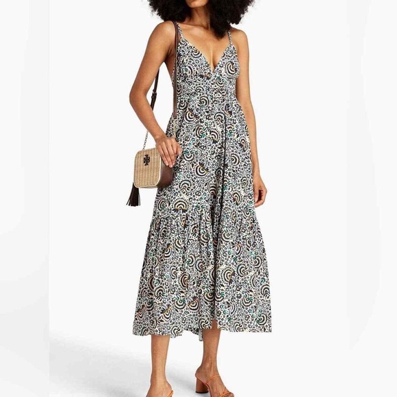 ALC Rhodes Printed Cotton Poplin Tiered Midi Dress 4 Multicolor Open Back - Picture 14 of 14